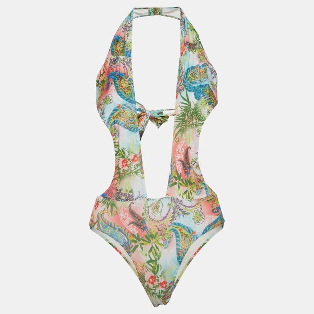 Roberto Cavalli Multicolour Printed Jersey Cut Out One Piece Swimsuit Xs